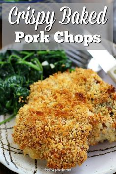 oven baked pork chops with parmesan cheese and spinach on the side