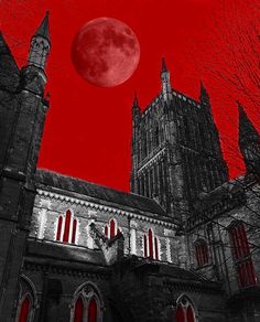 an image of a gothic castle with the moon in the sky above it and red skies