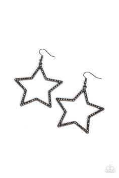 Smoky hematite rhinestones adorn the front of an oversized gunmetal star silhouette, sparking into a stellar centerpiece. Earring attaches to a standard fishhook fitting. Sold as one pair of earrings. Star Silhouette, Sparkle Earrings, Fish Hook Earrings, Paparazzi Accessories, French Wire, Black Jewelry, Black Earrings, Paparazzi Jewelry, Crystal Shop