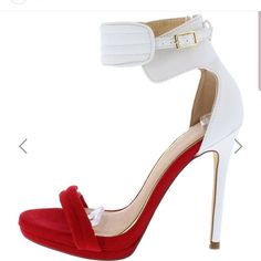 Red Suede And White Leather Like Material Heels With A Buckle Ankle Strap White Heels With Red Sole And Ankle Strap, White Ankle Strap Heels With Red Sole, Women's Heels, Red Suede, Womens Heels, White Leather, Lady In Red, Shoes Women Heels, Ankle Strap