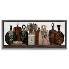 a group of vases sitting on top of a wooden shelf