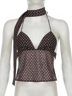 Why You'll Love It With its classic polka dot pattern and charming ribbon detailing, this top combines fun and elegance. The slight stretch in the fabric offers comfort, while the backless design adds a flirty, modern touch. Perfect for summer outings or layered under a jacket for cooler evenings. Features Elasticity: Slight Stretch Fabric Type: Knitted Material: Polyester, Spandex Pattern Type: Polka Dot Decoration: Backless Tops Type: Camis Vest Aesthetic, Brown Corset Top, Polka Dots Tops, Brown Corset, Neck Ribbon, Slim Vest, Polka Dots Outfit, Women Vest, Top Corset