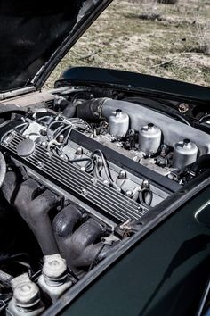 the engine compartment of an older model car