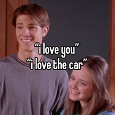 a boy and girl standing next to each other with the words i love you, i love the car