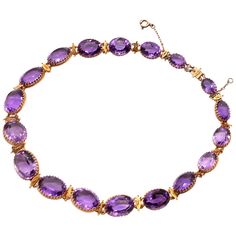 French style amethyst necklace designed in the archeological taste, set with lovely individual claw set links in 18k yellow gold with gold spacers. An extra amethyst gem link is available to lengthen the chain should this be desired. There is a safety chain for additional security. The necklace is 15.5 inches in length. Necklace Length Chart, Amethyst Gold, Amethyst Gem, Necklace Chain Lengths, Antique Necklace, Amethyst Jewelry, Amethyst Necklace, Amethyst Stone, Purple Amethyst