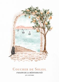 a watercolor drawing of a cat sitting under a tree looking out at the ocean