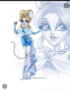 a drawing of a woman dressed in blue and wearing a mouse costume with her hand up to the side