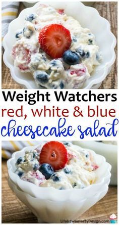 red, white and blue cheesecake salad with strawberries in the bowl on top