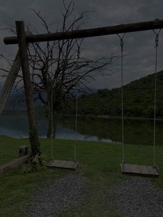 two wooden swings in front of a body of water