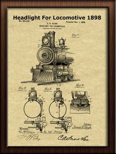 a drawing of a train engine and its workings, with the words headlights for locomotives 1908