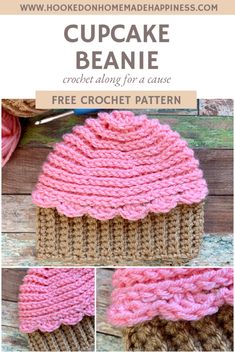 the crocheted cupcake beanie is shown with instructions to make it in two different colors