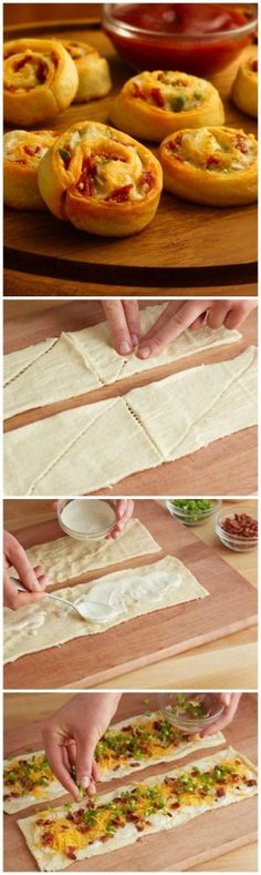 the process for making pizzas is shown in three different pictures, including one being rolled up