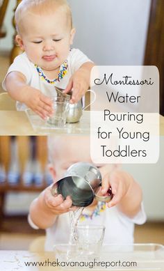 a toddler pouring water into a glass with the words montesson water pouring for young toddlers