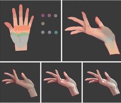 four images of hands with different colored fingers