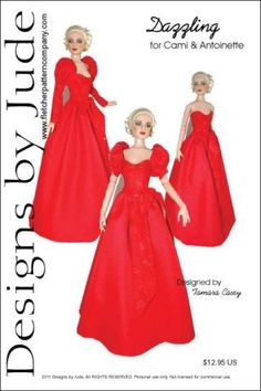 the doll is wearing a red gown and matching shoes with her hair in a bun