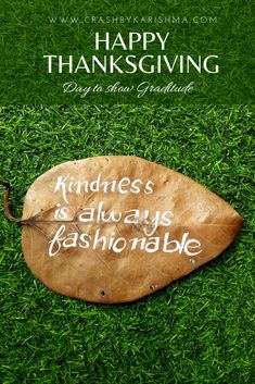 a leaf with words written on it sitting in the middle of green grass that says happy thanksgiving