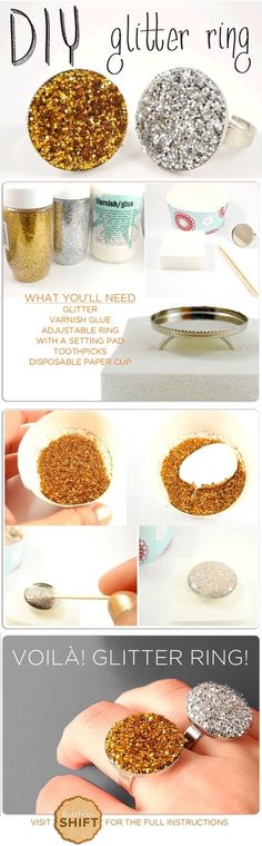 the instructions for how to make glitter rings with gold, silver and white beads on them