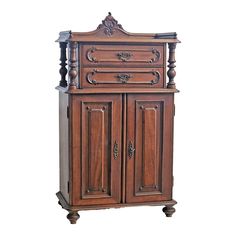 a wooden cabinet with two doors and drawers