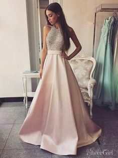 Blush Pink Beaded Prom Dresses Sweep Train Formal Dresses ARD2340-SheerGirl Graduating Dress, Halter Prom Dress, Modest Evening Dress, Halter Prom Dresses, Prom Dresses For Teens, Prom Dresses Modest, Pink Prom, Beaded Prom Dress, A Line Prom Dresses