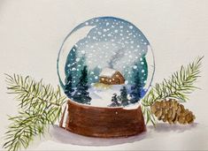 a watercolor painting of a snow globe with pine cones and a house in it