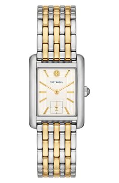 Tory Burch Eleanor Two-Tone Stainless Steel Bracelet Watch, 25mm x 34mm | Nordstrom Tory Burch Watch, Womens Designer Watches, Everyday Watch, Hand Watch, Steel Watch, Stainless Steel Watch, Steel Bracelet, Watch Design, Stainless Steel Bracelet