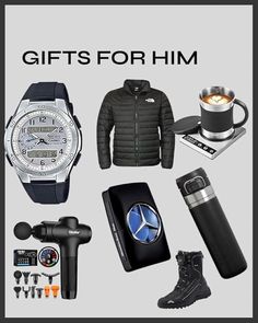 the gift guide for him is on display in front of a gray background with black and white