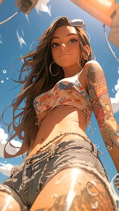 a woman with tattoos on her body standing in front of a blue sky and clouds