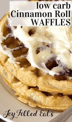 a stack of low carb cinnamon roll waffles on a plate