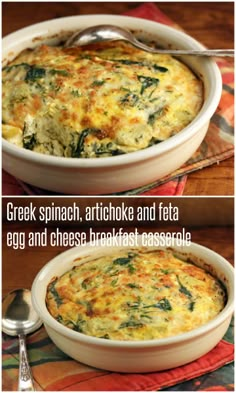 two pictures showing different types of food in the same bowl and one with spinach, artichoke and feta egg and cheese breakfast casserole