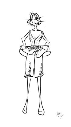 a black and white drawing of a woman in a dress with her arms folded up