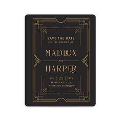 an art deco wedding save the date card in black and gold with a golden border