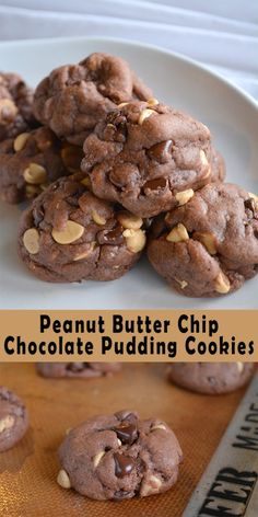 peanut butter chip chocolate pudding cookies are stacked on top of each other and ready to be eaten