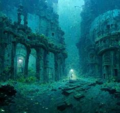 a person standing in the middle of an abandoned building with moss growing on it's walls