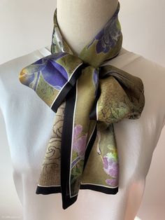 "Beautiful oriental \"Purple Peonies and Cranes\" printed narrow long silk scarf with size of 150 cm x 17 cm / 59 in x 6.6 inch. A beautiful print adorned with peonies and cranes, symbolizing prosperity and longevity, with a green luster over the print. Auspicious clouds are printed on the opposite side. Custom made. Double-layer silk charmeuse fabric, double-sided print, soft, smooth and lustrous fabric, breathable and skin friendly feels very comfortable to wear. Can style as different ways: wear the scarf as a soft neck scarf, as a narrow long head band, as a long hair tie, as a bag accessory scarf, as a waist scarf, or style it any way you want with your own sense of creativity! It can spice up your outfit beautifully. Suitable for all seasons and is a special gift idea for special occ Narrow Scarf, Scarf Bag, Wearing Purple, Charmeuse Fabric, Silk Neck Scarf, Long Silk Scarf, Purple Peonies, Scarf Hair, Head Hair