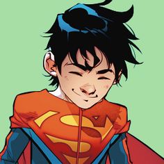 the young man is dressed as superman in this comic character's costume, with black hair and blue eyes