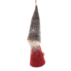 a christmas ornament hanging from a red and gray pole with snowflakes on it