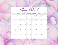 May 2024 monthly calendar free printable with watercolor flowers background