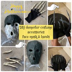 a collage of photos showing how to make a diy halloween costume mask and hands