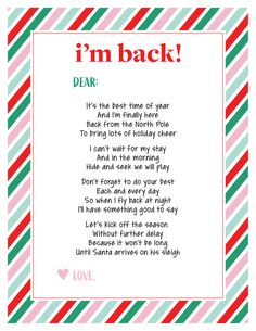 i'm back poem for christmas with candy canes on the bottom and red, green