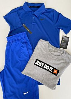 Bundle of NIKE Clothing for BOY Size: MEDIUM  1. New with Tag Nike Golf Polo Shirt Blue with Black Swoosh Tick Logo on Chest Short Sleeves - NWT Condition 2. Casual NIKE JUST DO IT T-Shirt Gray with Black/White & Orange Logo Short Sleeves - GOOD Clean Condition 3. Nike Dri Fit Blue Athletic Shorts Blue with White Swoosh Tick Logo Pockets - Elasticated & Drawstring Waist Great Condition *Please look at all Pictures as they are part of the Description* Please Ask any Questions, I will try and answ Nike Drifit Polo, Nike Polo, Orange Logo, Nike Golf, Golf Polo Shirts, Nike Outfits, Nike Dri Fit, Athletic Shorts, Dri Fit