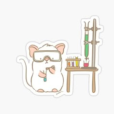 a sticker with a rat wearing glasses and holding a pipe in front of a desk