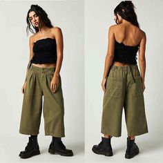 Free People Hard Rain Culotte Gaucho Pants In Academia Olive Green Size 6 New Without Paper Hang Tag Black Line Through Manufactre Tag To Prevent Store Returns Crisp Pleats Detail The Front Of These Sun-Ready Culottes Fashioned With An Elasticized Back Waist For All-Day Comfort. Belt Loops 100% Cotton Machine Wash, Dry Flat Imported Measurements Are Approx Pants Lying Flat Waist 16" Rise 13" Inseam 18.5" Items Are Retail Store Purchases And May Have Been Handled Or Tried On By Store Customers Pr Gaucho Pants Outfit, Black Harem Pants, Flower Pants, Gaucho Pants, Culotte Pants, Pants Cotton, Long Sleeve Blouse Pattern, Vintage Beaded Dress, Trouser Pants Women