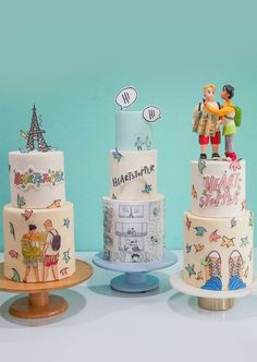 three tiered cakes with cartoon characters on them