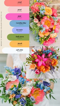 the color scheme for wedding bouquets is shown in three different colors, including pink and blue