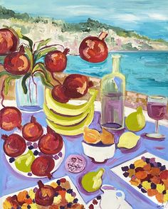 a painting of fruit and wine on a table with water in the backround