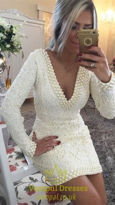 White Lace Deep V Neck Backless Long Sleeve Bodycon Dress With Beading Backless Homecoming Dresses, Backless Cocktail Dress, Long Sleeve Homecoming Dresses, Homecoming Dresses Long, White Cocktail Dress, Lace Homecoming Dresses, Short Prom Dress, Mini Robes, Quality Dresses