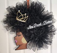 This beautiful wooden diva is approximately 20 inches. ( 12 inch is available for custom orders) . Hand painted. Deco mesh hair. Plastic Crown, Curly Afro, Afro Art, Black Women Art, Deco Mesh, Door Hangers, Door Wreaths, For Hair, Hangers