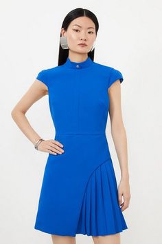 Tailored Crepe High Neck Side Pleat Detail Mini Dress | Karen Millen Side Pleated Dress, Asymmetric Fashion, Clothes Capsule Wardrobe, Neckline Details, Chinese Fashion, Smart Casual Outfit, Karen Millen, Button Design, Fashion Face