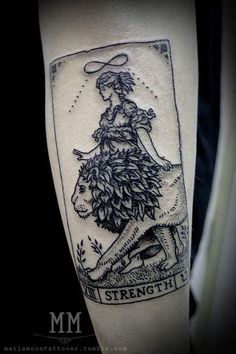 a black and white tattoo with a woman sitting on top of a horse