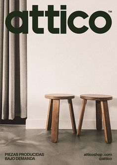 two wooden stools sitting next to each other on top of a carpeted floor